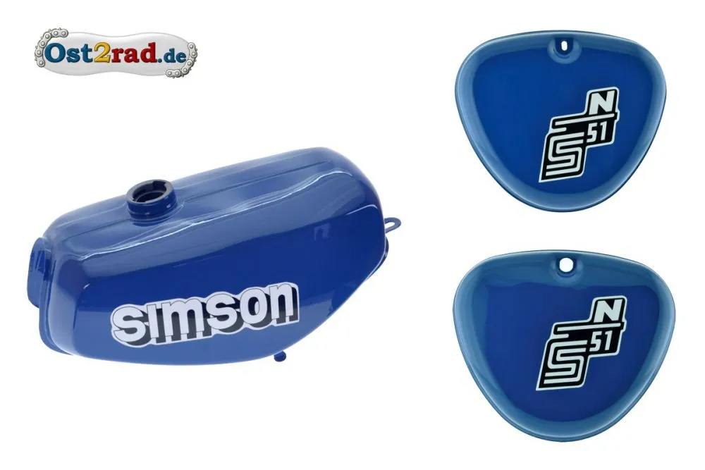 S51N Tank Set Seitendeckel Mittel-Blau, innen versiegelt mit Aufkleber Simson S51N Tank Set Seitendeckel Mittel-Blau, innen versiegelt mit Aufkleber Simson