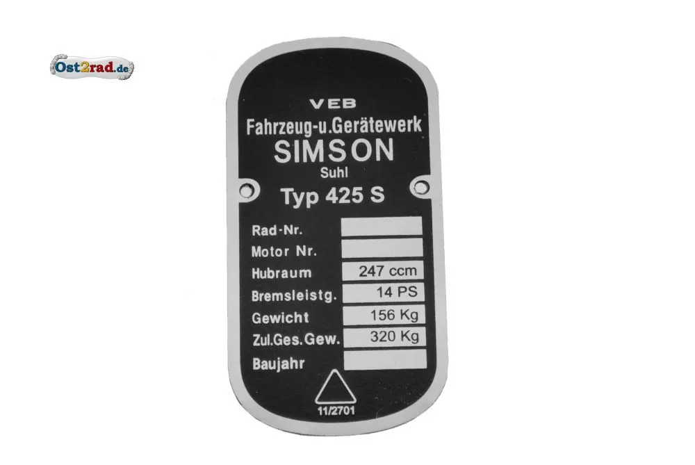 Typenschild SIMSON AWO -S 425 abgerundete Ecken Typenschild SIMSON AWO -S 425 abgerundete Ecken