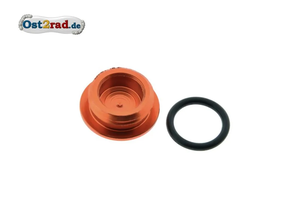 Verschlussschraube ALU ORANGE mit Beschriftung für Motor Simson S51 SR50 KR51/2 inkl. O-Ring Verschlussschraube ALU ORANGE mit Beschriftung für Motor Simson S51 SR50 KR51/2 inkl. O-Ring